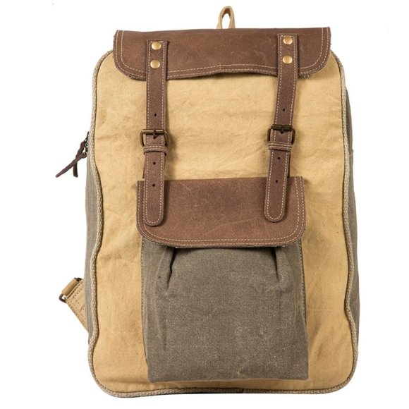 Myra Bag Handmade Chesternut Backpack Upcycled Canvas & Cowhide Leather - Picture 1 of 9